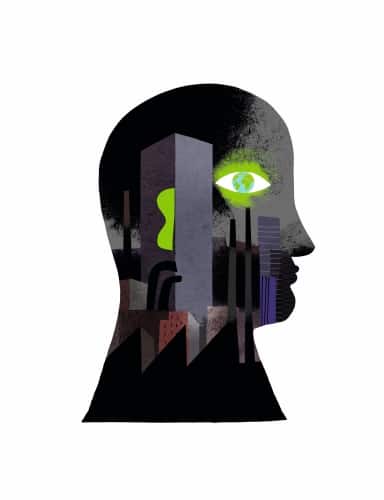 Illustration écologie visage de profil sur fond noir avec un œil vert lumineux 