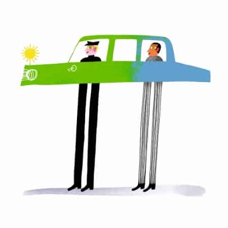 Illustration deux personnages dans une voiture qui devient verte