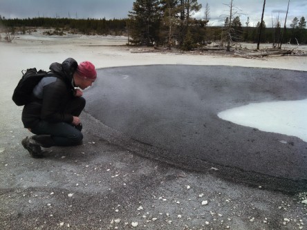 Thomas Jonas se penche l’eau des sources volcaniques du parc de Yellowstone
