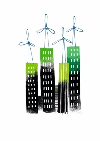 Illustration, des entreprises commencent à devenir vertes, écologie, éoliennes sur le toit
